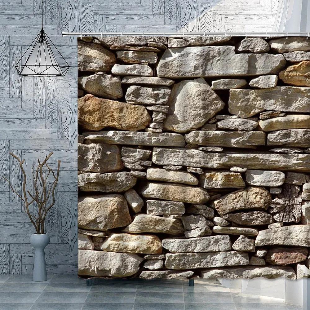 Brick Stone Wall Shower Curtain Vintage American Country Retro Printing Pattern Garden Background Screens Custom Bathroom Decor