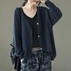 Frauen Vintage V-ausschnitt Langarm Pullover Strickjacke Einfarbig Taste Casual Kleidung Gestrickte Baumwolle Pullover
