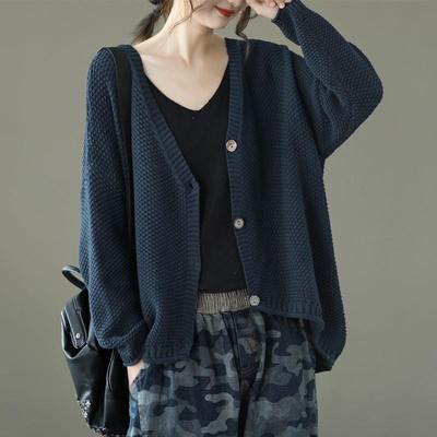 Women Vintage V-Neck Long Sleeve Sweaters Cardigan Solid Color Button Casual Clothes Knitted Cotton Sweaters