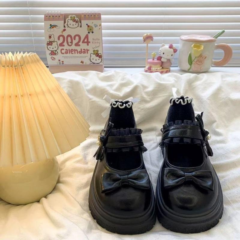 College style solid color bow spring new round head cute single shoes student small leather shoes