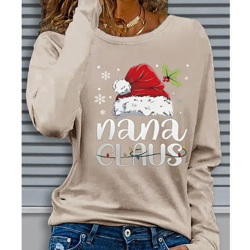 

2025 Осень и Зима Женский Новый Повседневный Топ с Круглым Вырезом и Длинным Рукавом с 3D Рождественским Узором 8XL бежевый