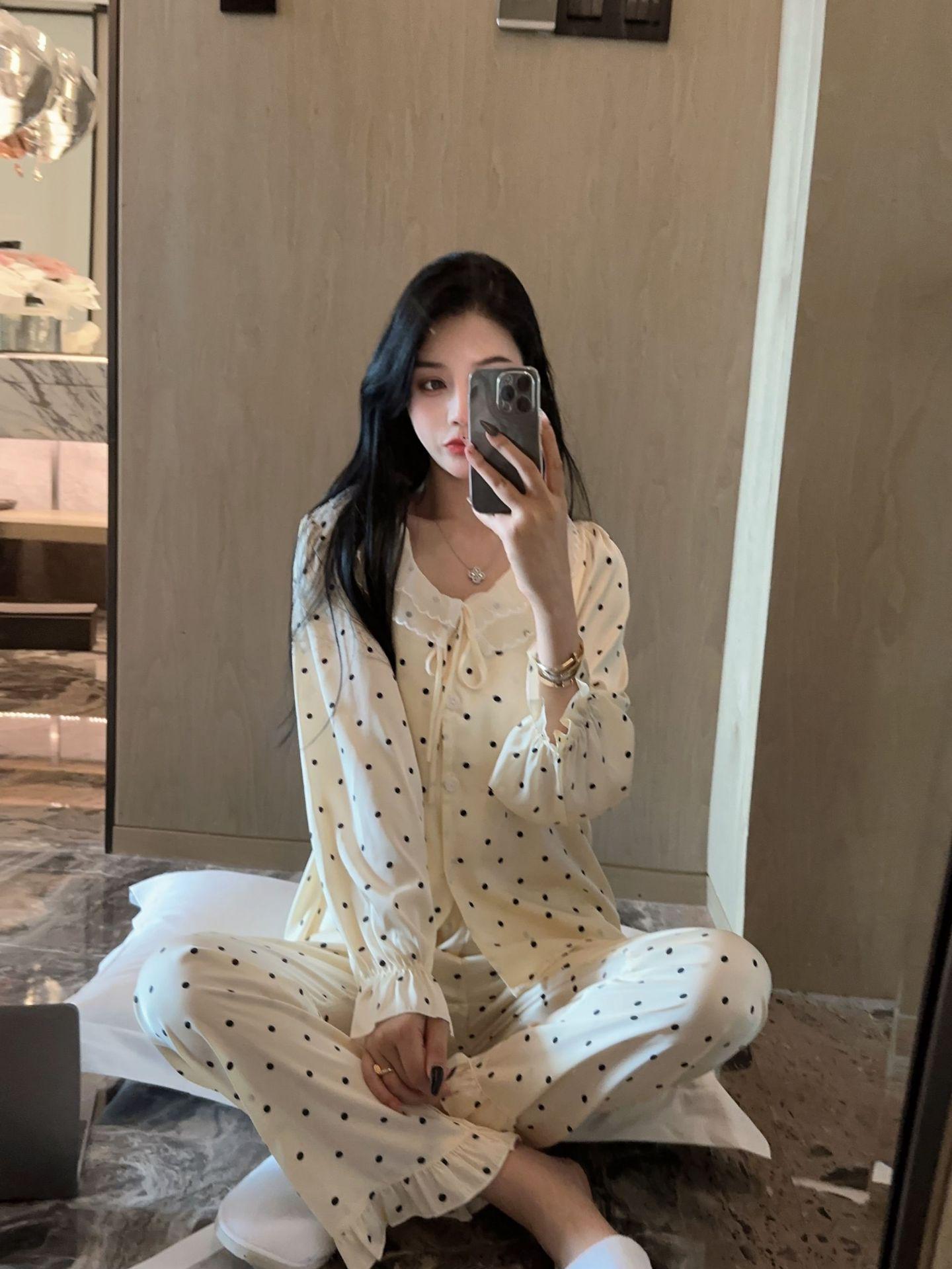 

Женская пижама Taro Bobo из ледяного шелка в французский горошек - Новый весенне-летний комплект с длинным рукавом XL