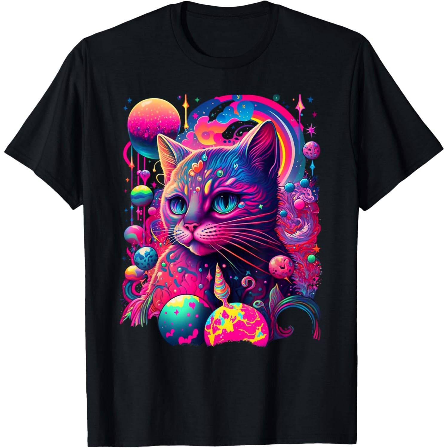 Psychedelic Rainbow Cat Print Graphic T-Shirt Men s Crew Neck Breathable Casual Tee S