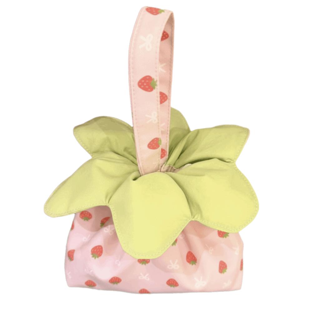 Large Capacity Plaid Print Handbag Bundle Pocket Strawberry Printed Storage Bag Student Strawberry Bow