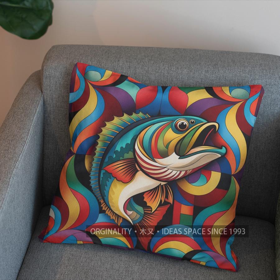 2D Colorful Fish With Abstract Swirls Pillow Cover Pattern Cushion Cover Suitable For Sofa Bedroom Car Pillow Cover