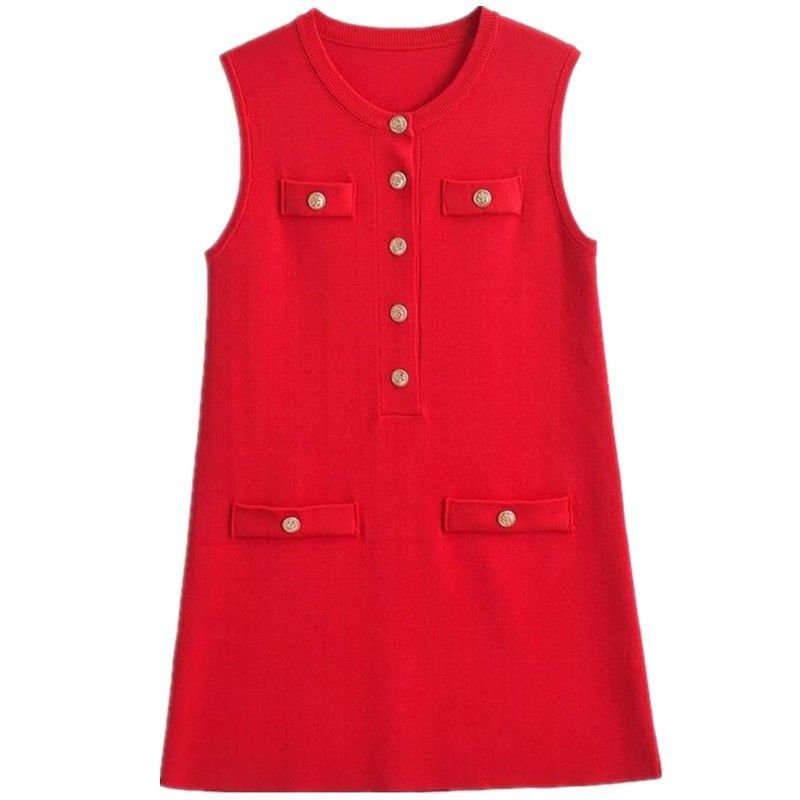 

Fashion Style 2024 Summer New Women s Clothing Easiest for Match round Neck Sleeveless Plain Weaving Knitting Short Dress 2142250 Red L