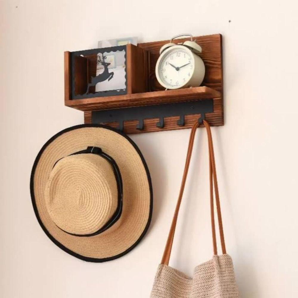 Sundries Organizer Storage Shelf Wooden Wall Hanging Shelf Storage Hook Rack  Entryway