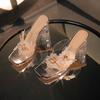 Fashion Crystal Chunky High Heels Slippers Women Summer Outside Wear Fashion Transparent High-heeled Shoes Rhinestone Flowers Sandals