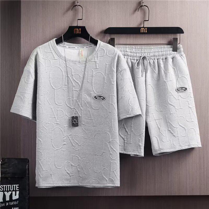 Men's Casual Two-Piece Jacquard Letter T-Shirt & Wide-Leg Shorts Set