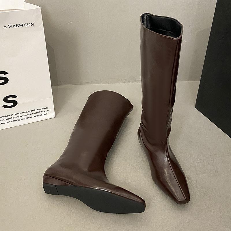 Versatile Temperament Low Heel Knight Boots Women's Autumn Korean Version Simple Pointed Sleeve High Slope Heel Boots Retro Boots