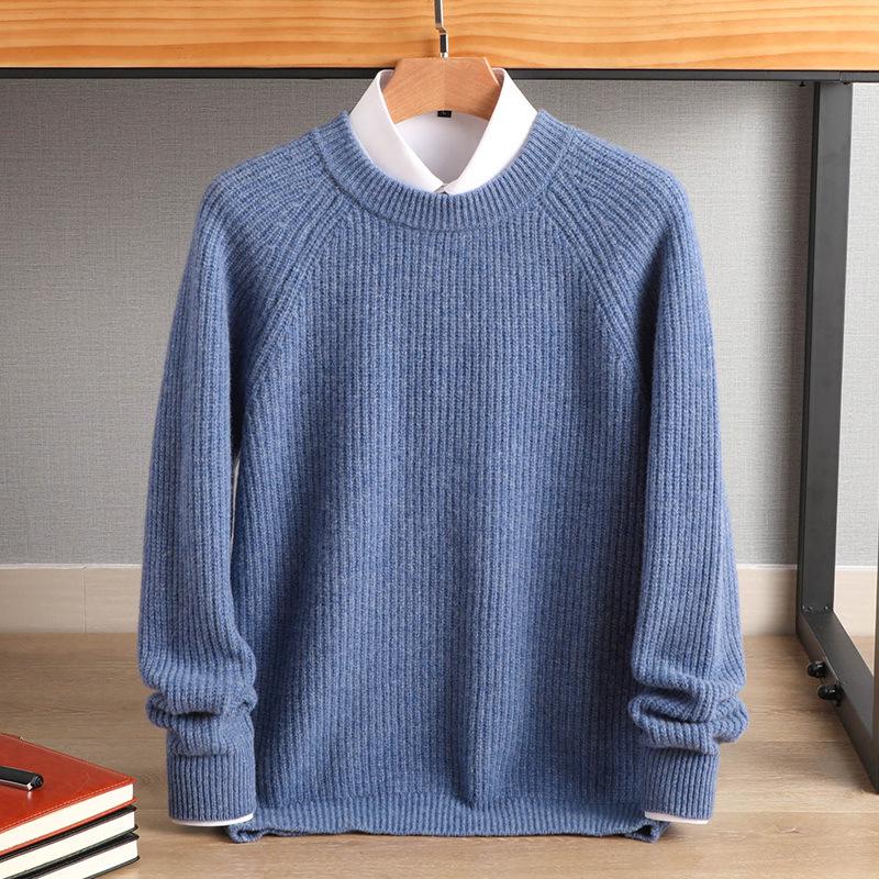 Men's Plus Size Crew Neck Wool Sweater - Autumn/Winter, Fine Stripe Raglan Sleeve, Loose Fit