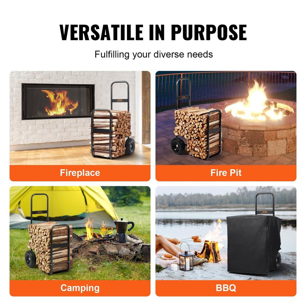 Firewood Log Cart, 113.4 kg Capacity, Outdoor and Indoor Wood Rack Storage Mover with PU Wheels & Waterproof Cloth, Heavy Duty Steel Dolly Hauler,