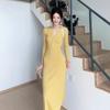 Yellow long-sleeved knitted dress women's spring temperament slim-fitting inner long dress elastic waist tight hip-wrapped skirt