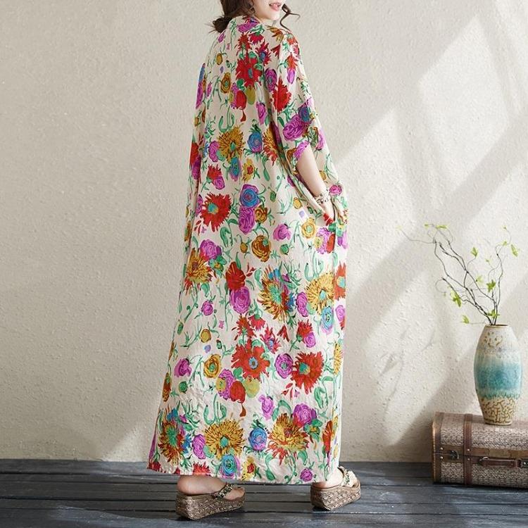 Vintage Floral Summer Dress Long Maxi Casual Loose Dresses for Women Plus Size Cotton Short Sleeve New In