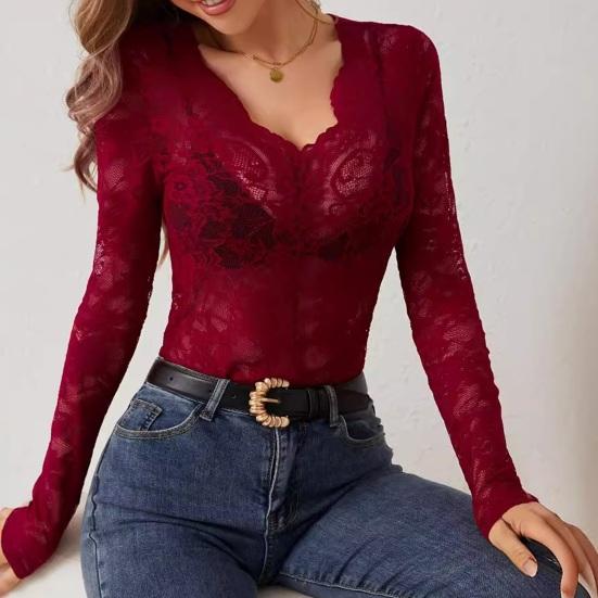 Women Tops V-Neck Long Sleeve See-through Lace Floral Design Pullover Tops Slim Fit Layering Versatile Tops