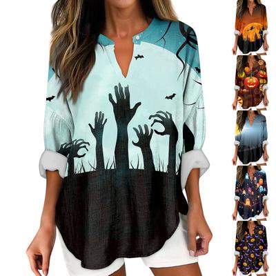 Damenmode Lässig Halloween-Print Überschnittene Schulter Langarm V-Ausschnitt Damenoberteile