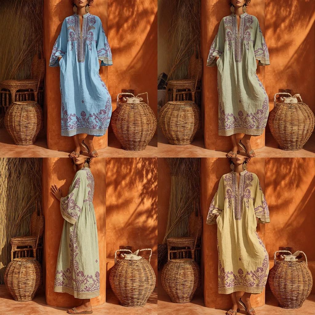 Abito Lungo Bohemian Stampato in Cotone e Lino con Tasche per Uso Casual Estivo
