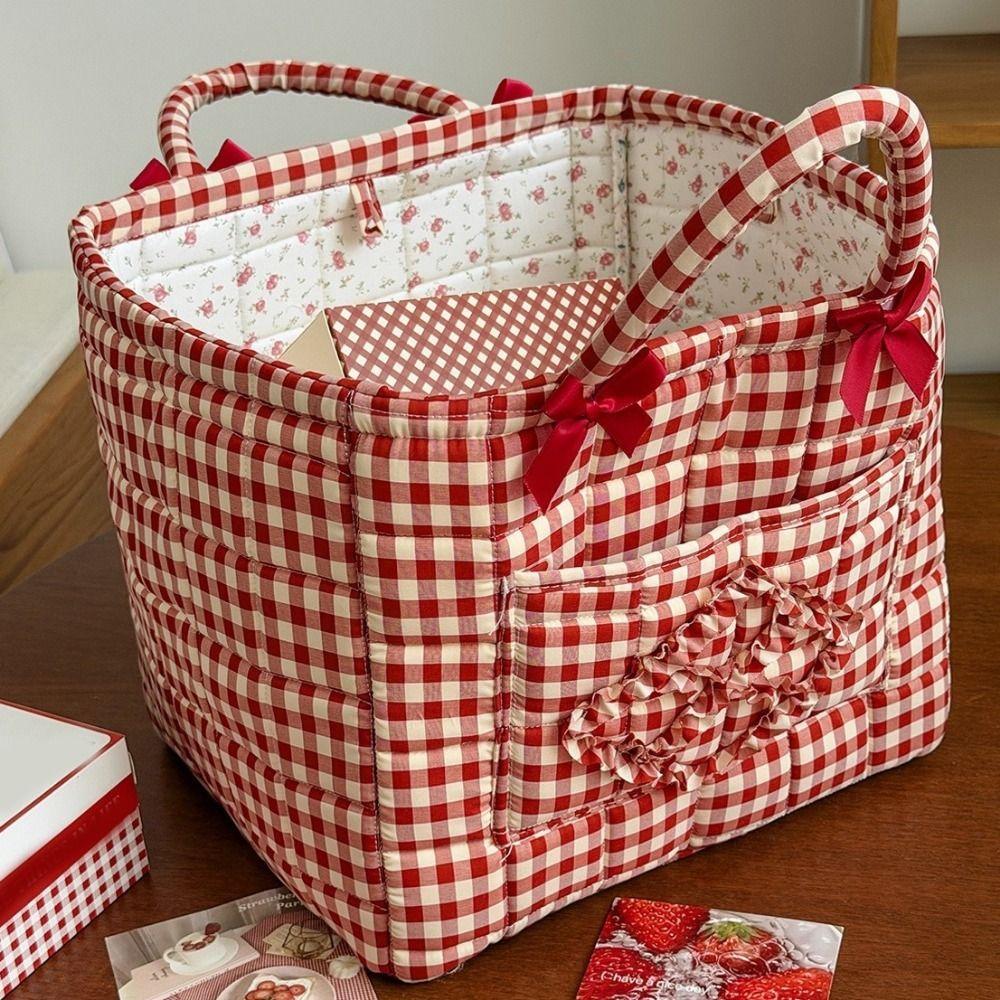 Folding Red Plaid Storage Basket Handheld Nursery Storage Basket Fabric Storage Basket Bedroom