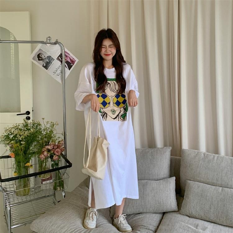 Rochie tricou de damă cu mânecă scurtă și gât rotund, mărime mare, cu croială lejeră, rochie lungă în stil relaxat, rochie de dormit până la genunchi