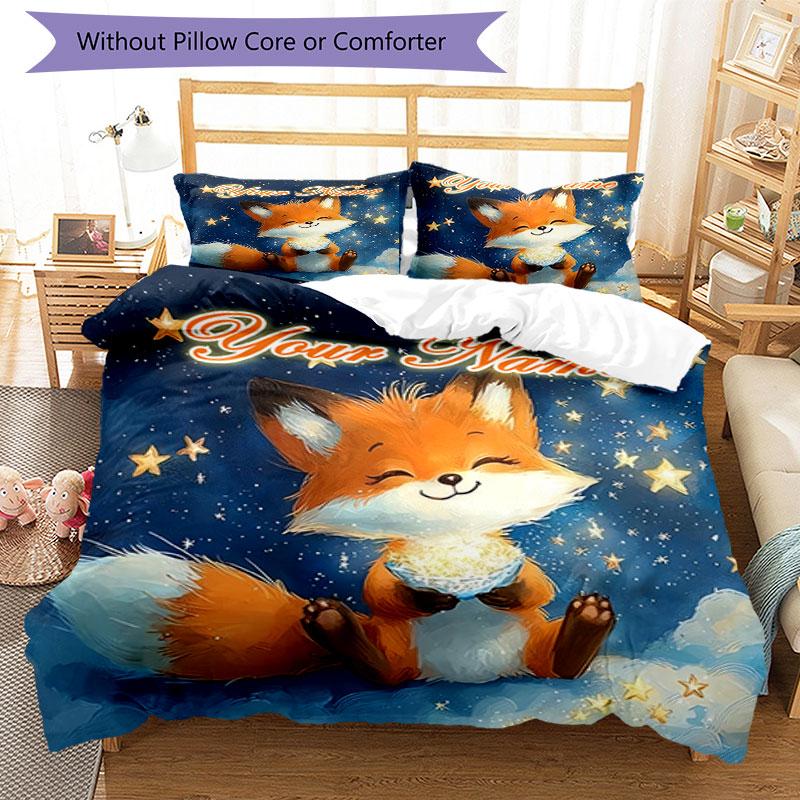 3PC Custom Name Fox Stars Bedding Set Duvet Cover Closure Includes 1 Duvet Cover & 2 Pillowcases for Bedroom