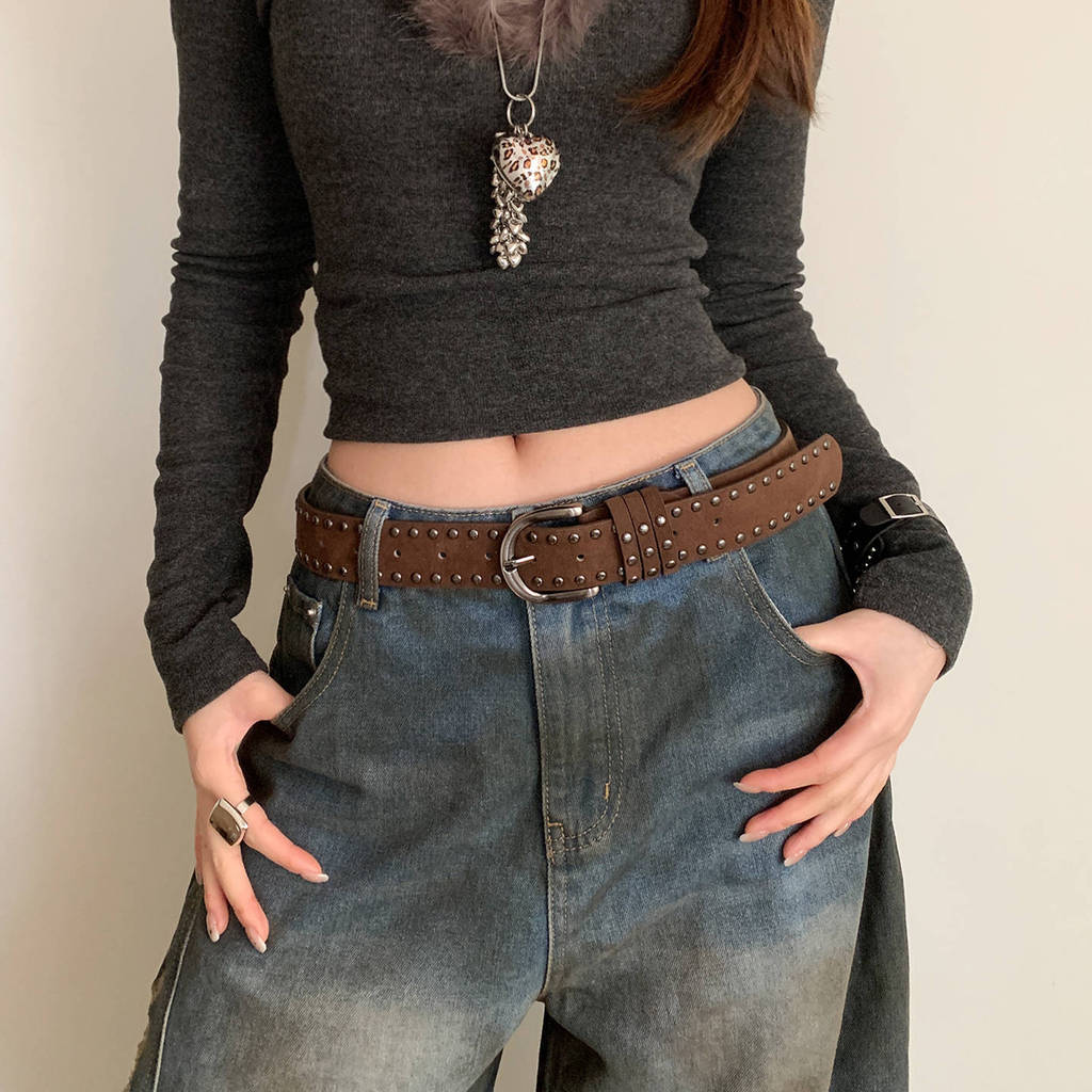 Retro American Suede Belt For Women With Metal Embellishments For Casual Wear