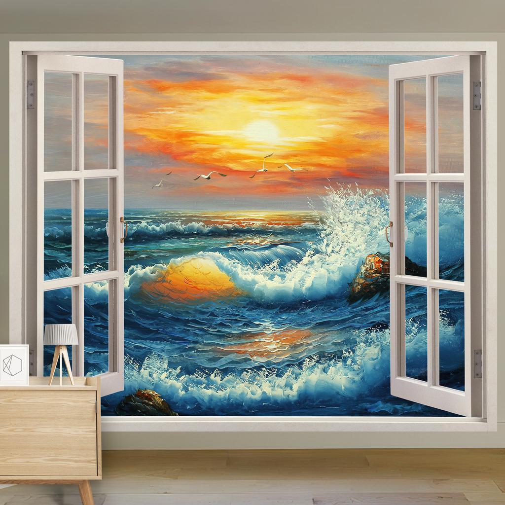Scenic Landscape Hanging Cloth Natural Woods Beach Simulation Window Decoration Room Background Cloth Wall Painting Cloth