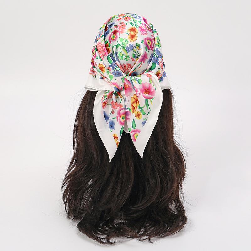 Bohemian Style Floral Print Women’s Square Silk Scarf Satin Head Wrap Tropical Leaf Flower Design Scarves Bandana Hijab