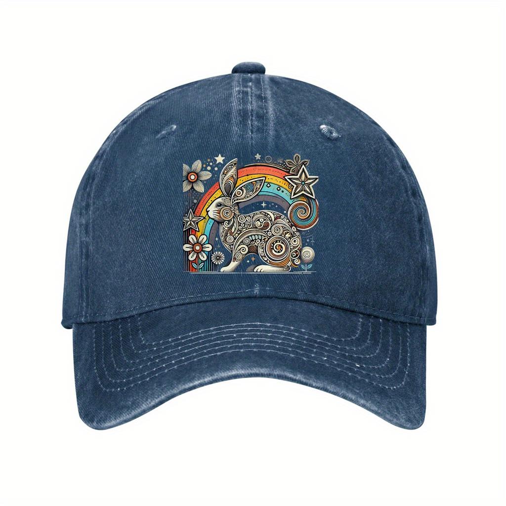 Bohemian Rainbow Bunny Baseball Cap Distressed Cotton Vintage Style Casual Adjustable Hat for Adults