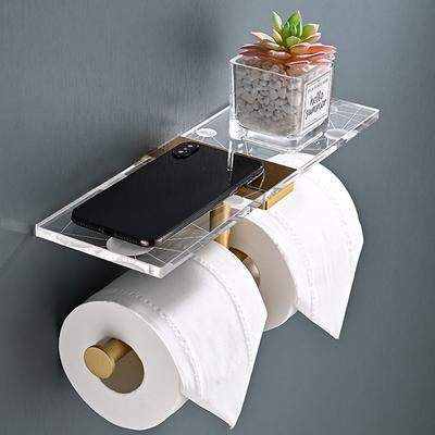 Gold Toilet Paper Holder with Shelf Black Aluminum Creative Acrylic Double Paper Towel Rack Tissue Hanger for Bathroom Kitchen