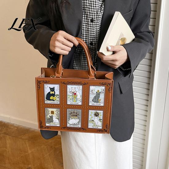 Unique Cute Cat Print Tote Women Bag, Faux Leather Shoulder Artistic Patterns, Casual Bag Stylish Crossbody Handbag for Work Daily Use Vintage Pattern