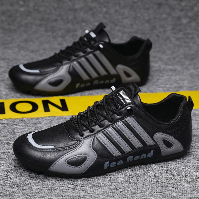 Leather beanie shoes men's fashion trend sports shoes Korean version breathable running shoes soft sole comfortable casual shoes