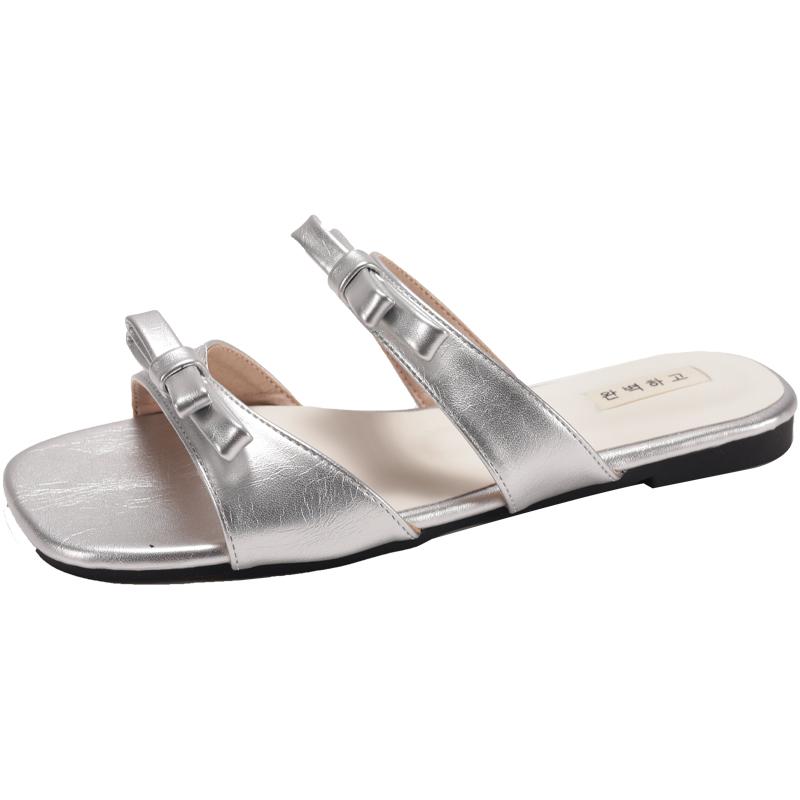 

Fashion Shoes Woman 2025 Square Toe Rubber Flip Flops Female Slippers Butterfly-Knot Hawaiian New Block Summer Scandals Slides Female 40 серебряный