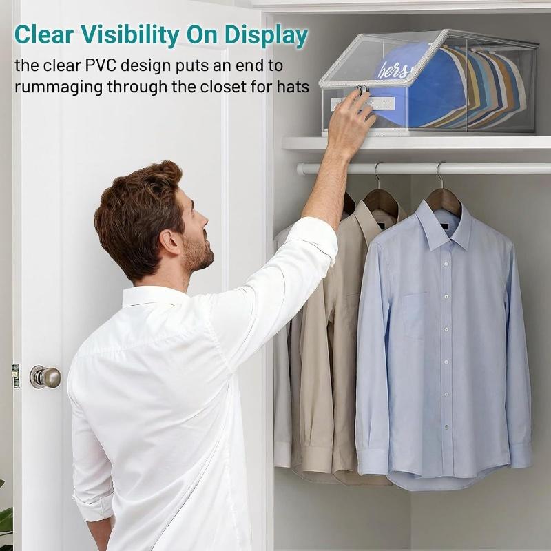 Transparent PVC Baseball Cap Storage Box, Dust-Proof Zippered Storage Case, Large-Capacity Stackable Wardrobe Organizer, Foldable Storage Bag