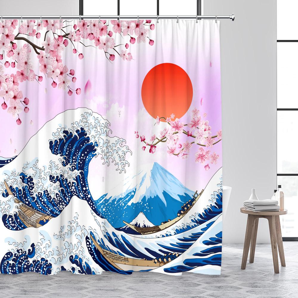Japanese Style Shower Curtain Octopus Koi Fish Sea Waves Cherry Blossom Abstract Mountain Ink Art Curtains Fabric Bathroom Decor