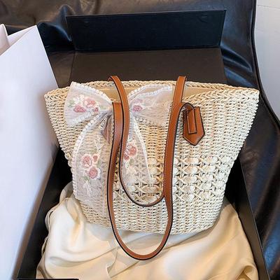 תיק אריג קש לנשים Boho עיצוב חלול קיץ תיק דלי קיבולת גדולה תיק יד קש בעבודת יד לסל מלאכה