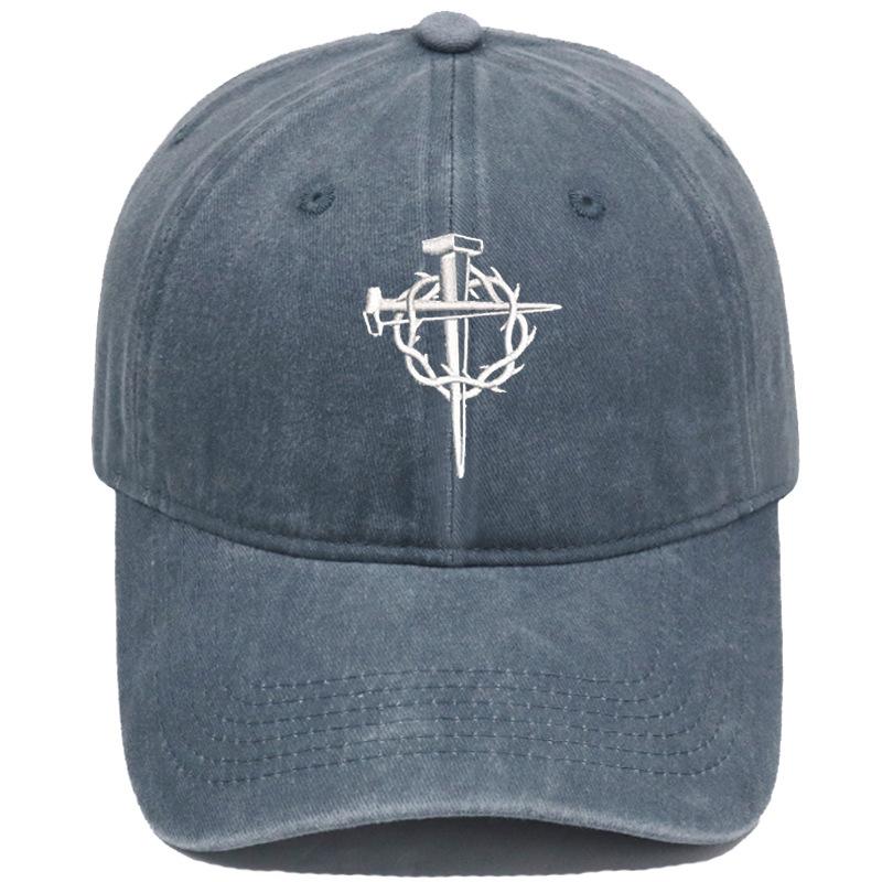Vintage Washed Crown of Thorns Nail Cross Embroidery Baseball Cap Unisex Adjustable Curved Brim Dad Hat Casual Outdoor Sun Hat