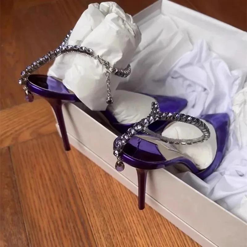 New Sexy Purple Charm High Heels Women's Stiletto Pointed Toe One Line Chain Rhinestone Hot Girl Baotou Sandals