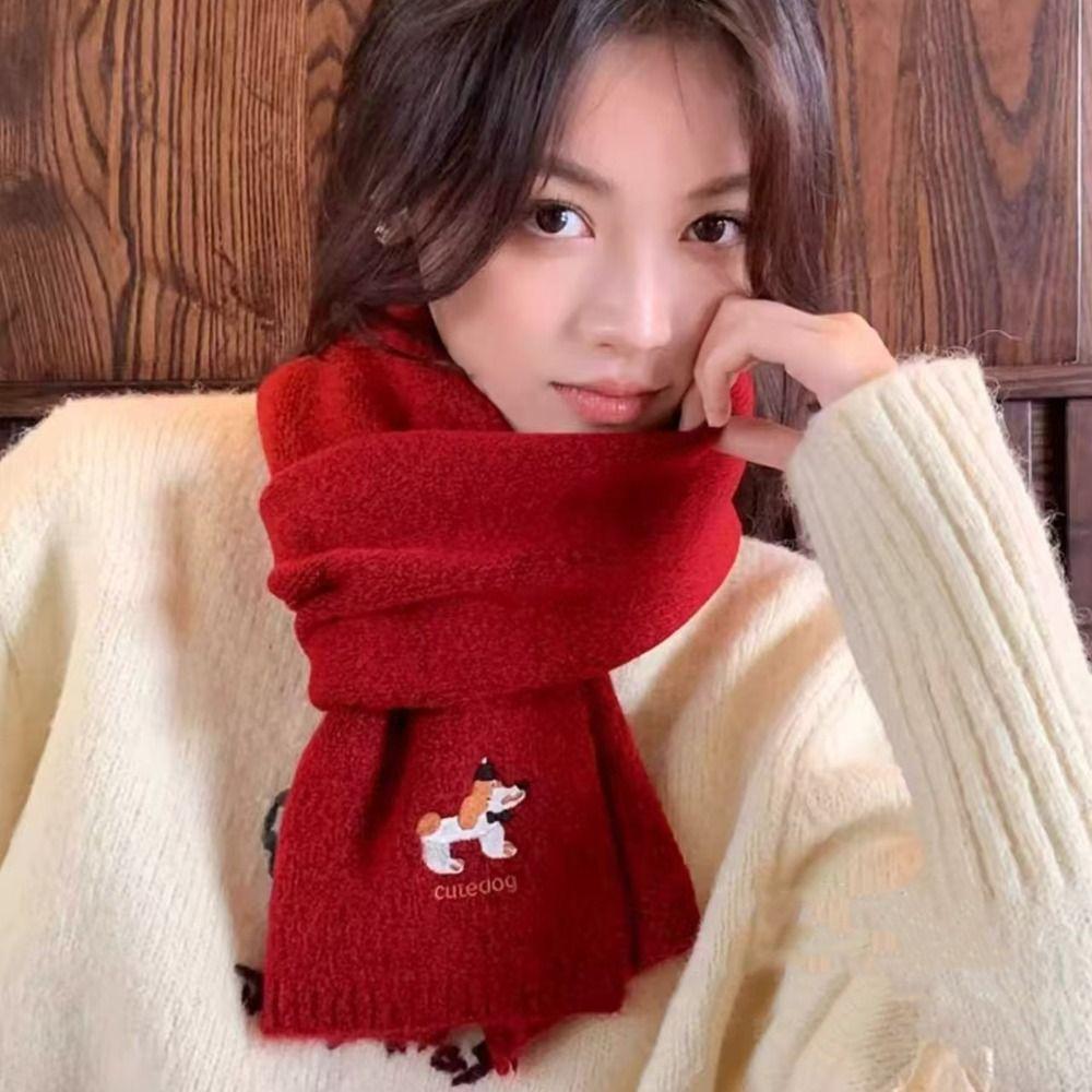 Thicken Knitted Scarf Plush Winter Wool Scarves Elegant Dog Embroidered Shawl  Student