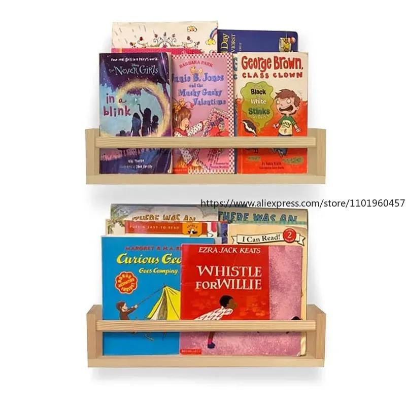 2Pcs Bookshelf Natural Wood Floating Wall Bookshelf for Kids Nursery Shelves for Wall Bathroom Decor Kitchen Spice Rack