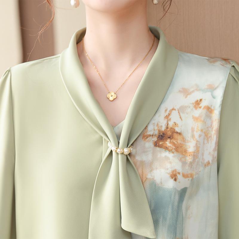 Fashionable Spring V-Neck Tie Shirt for Middle-Aged Women, Long-Sleeve Printed Top