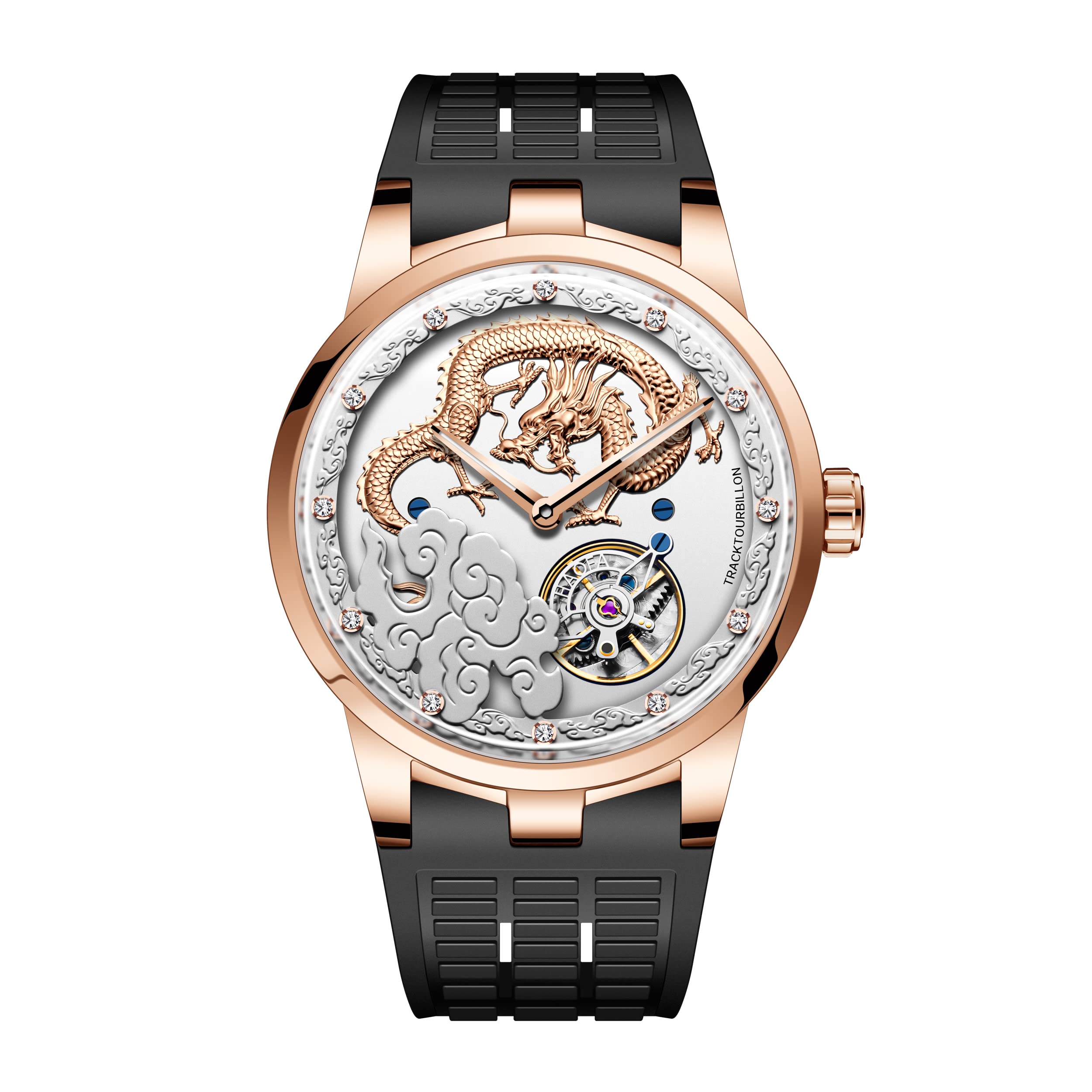 

HAOFA Watch Carcel Watch Mechanical Manual Winding 3D Dial Golden Dragon Diamond Watch Waterproof Rubber Strap Luxury Gentleman Gift for Men Men s срібний