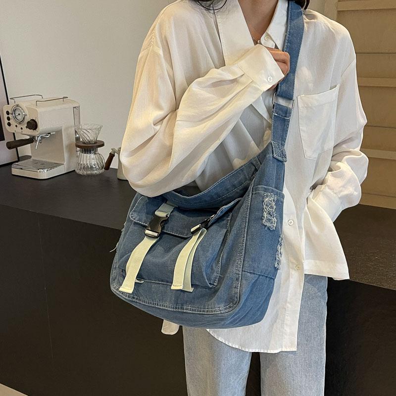 Large Capacity Canvas Bag Crossbody Bag Messenger Bag College Students Denim Shoulder Bag