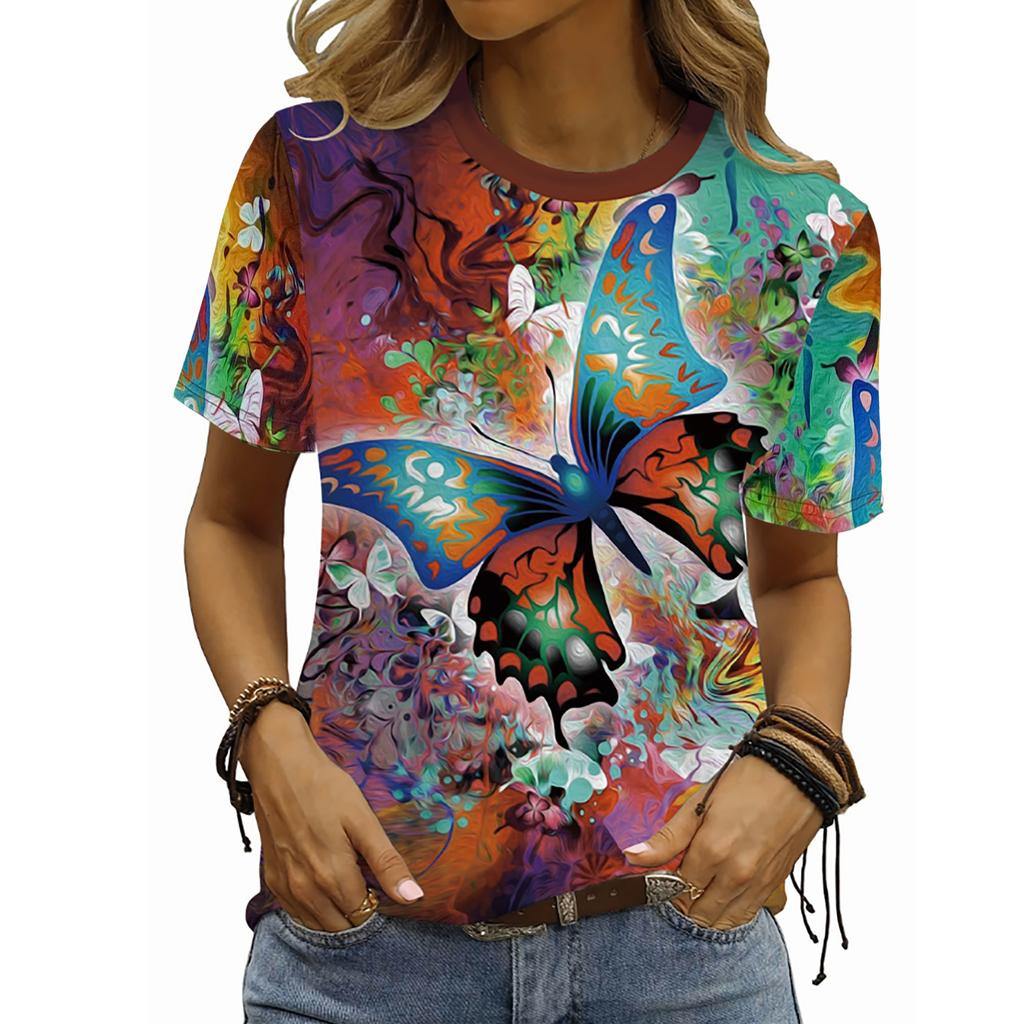 Summer Round Neck Butterfly Pattern 3D Print Top Fashionable Casual Short Sleeved Women's T-shirts