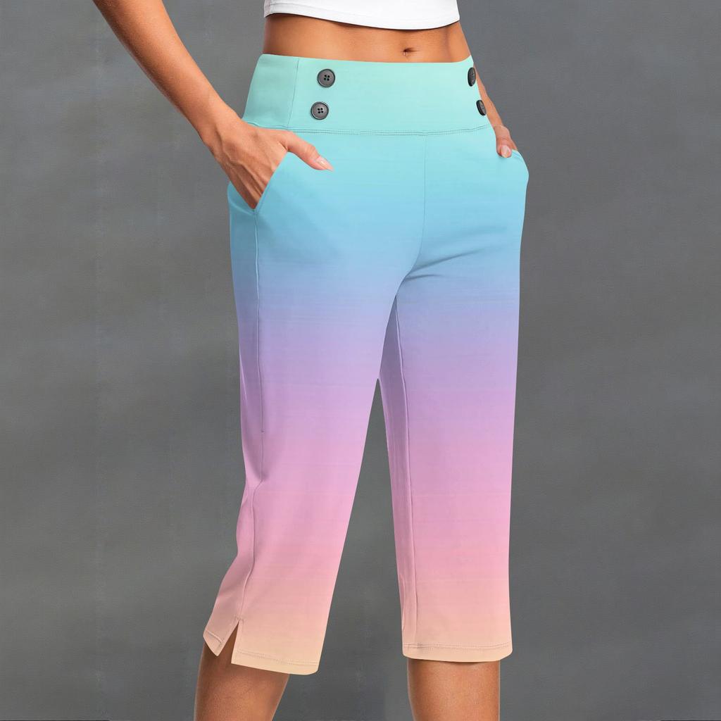 Damskie Modne Gradientowe Spodnie z Kieszeniami na Guziki, Rozcięciem, Wysokim Stanem, Sportowe, Do Jogi, Codzienne, Krótkie Spodnie