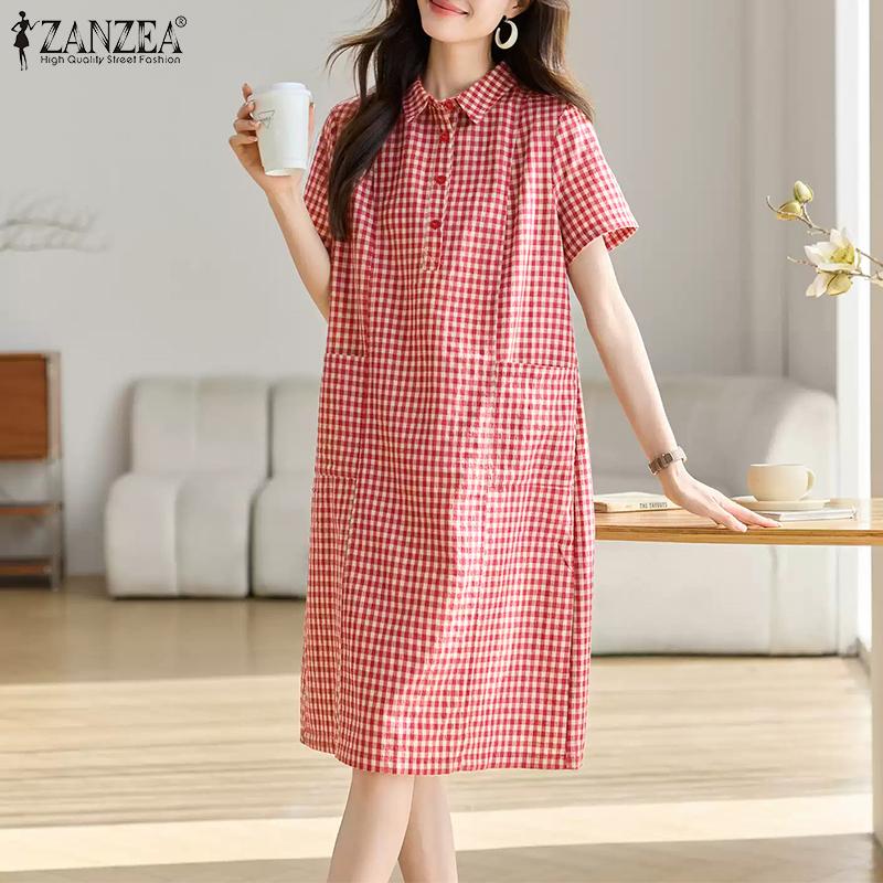 ZANZEA Women Turn Down Collar Casual Short Sleeve Grid Print Dress