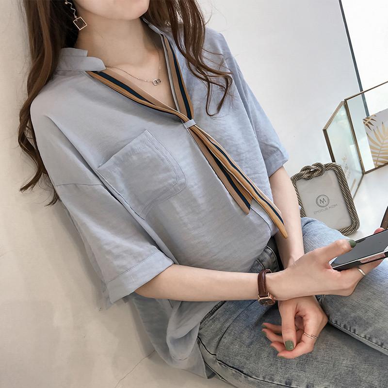 Summer Women's Striped Tie Shirt Women's Short Sleeve Top Loose and Versatile Half Sleeve Shirt