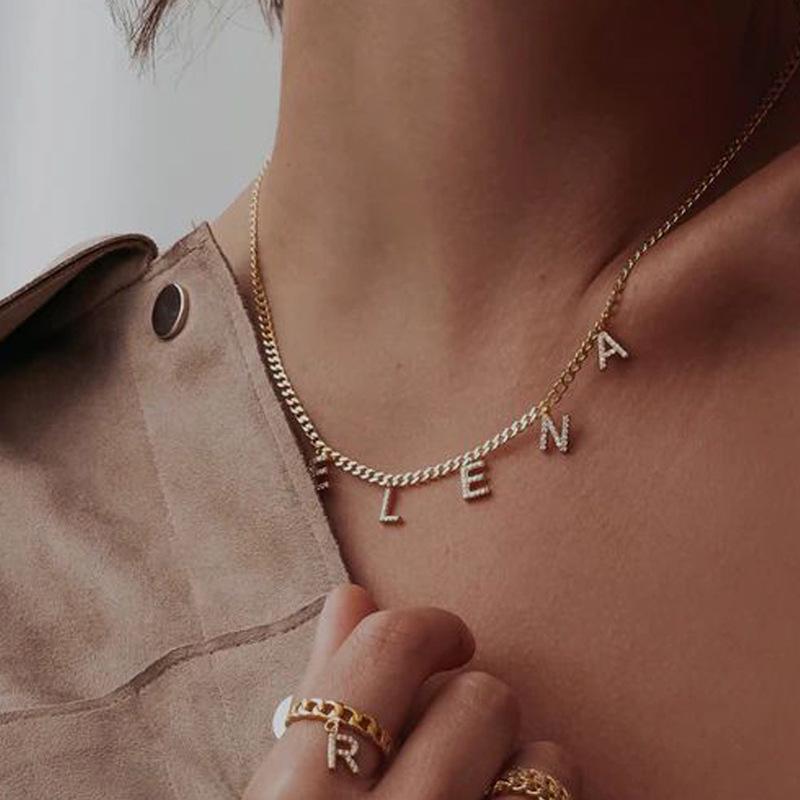 DIY Simple English Letter Necklace with Diamond Inlaid Pendant, Stainless Steel Jewelry for Europe and America.
