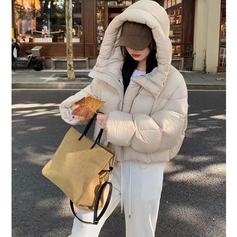 Abrigo Corto de Plumas Retro para Mujer Chaqueta Acolchada de Invierno con Capucha Ropa Exterior Gruesa de Algodón Moda Vintage Tendencia