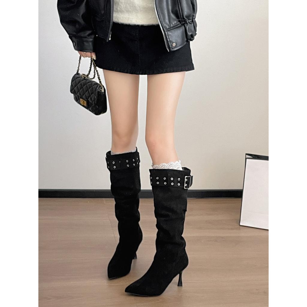 Vintage Black Stiletto Boots Children's Boots 2025 New Autumn with Skirt Maillard Pointed Knight Boots