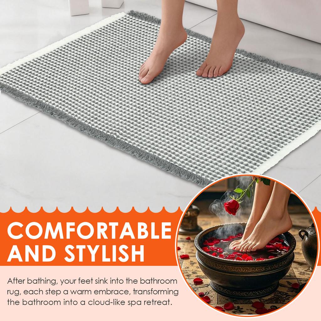 Waffle Bathroom Mat Microfiber Absorbent Bath Rug with Tassels Soft Non Slip Waffle Braided Floor Mat for Floor Tub Beside Decor
